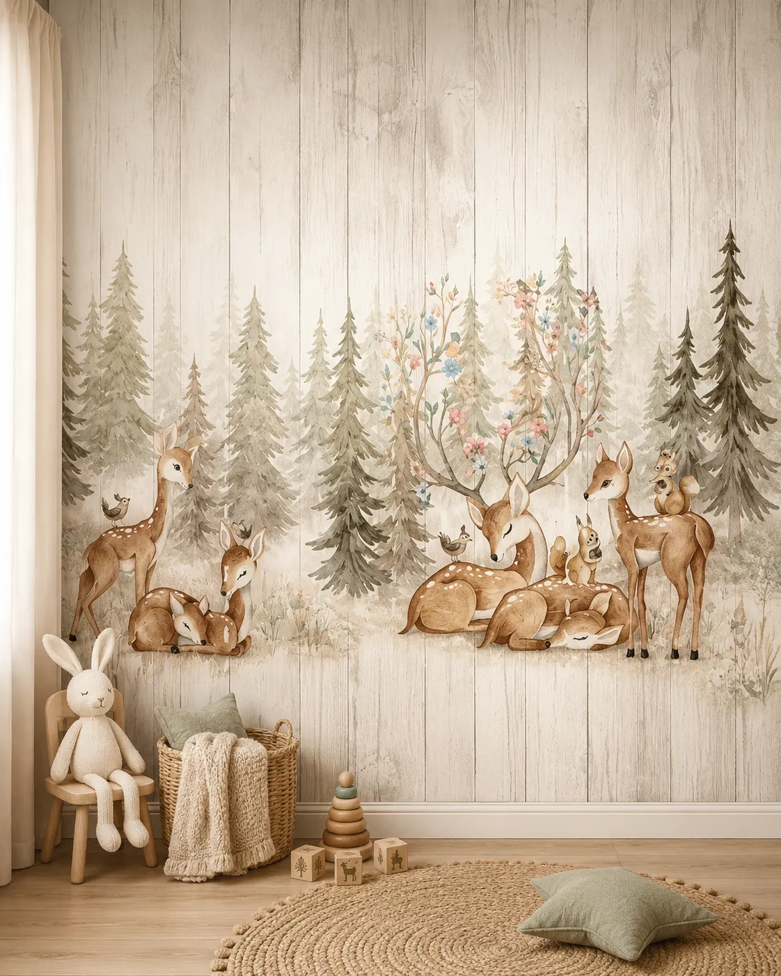 Deer family in a watercolour pine forest set on a whitewashed wood backdrop
