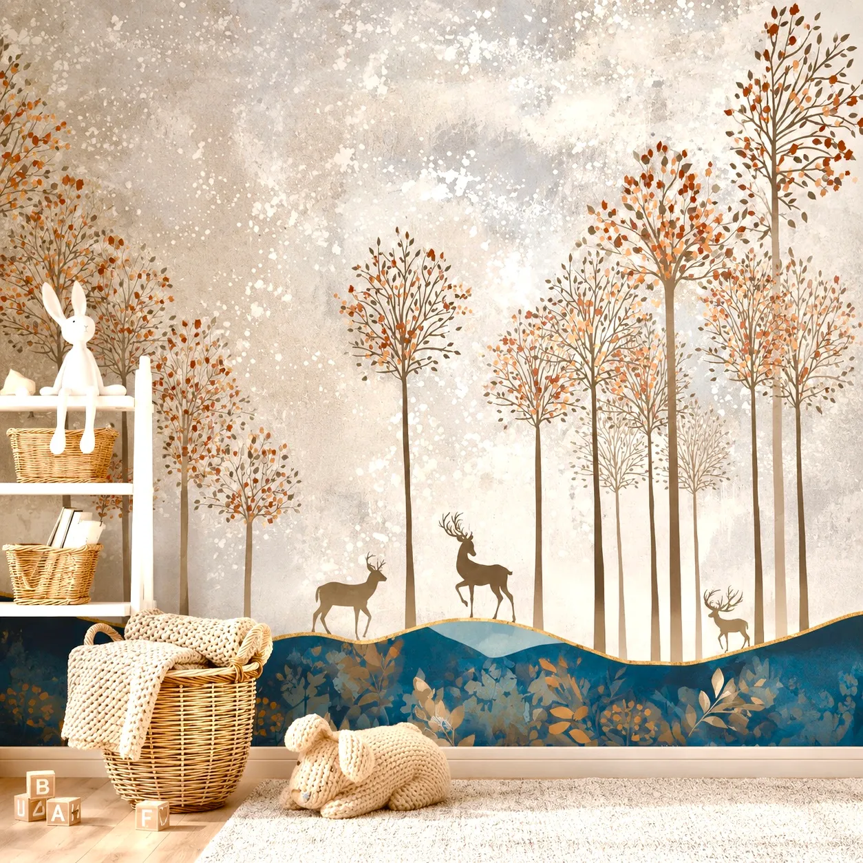 Autumn tree mural with deer silhouettes above a deep blue meadow