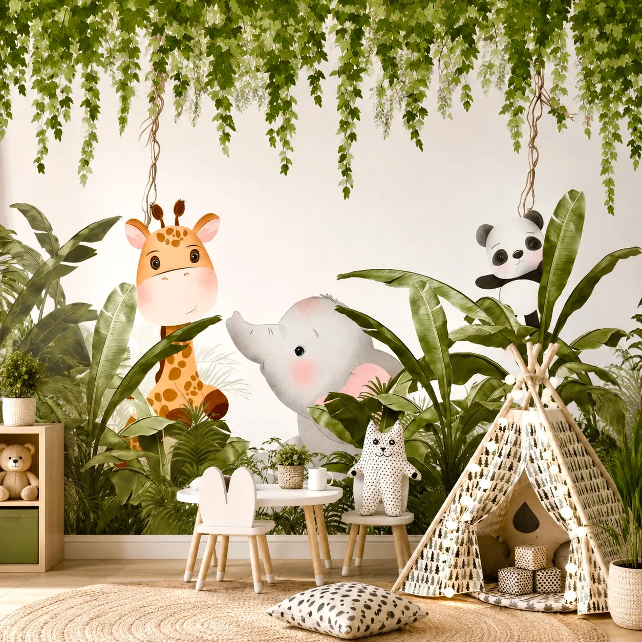 Jungle mural with a giraffe, elephant, and panda among hanging vines