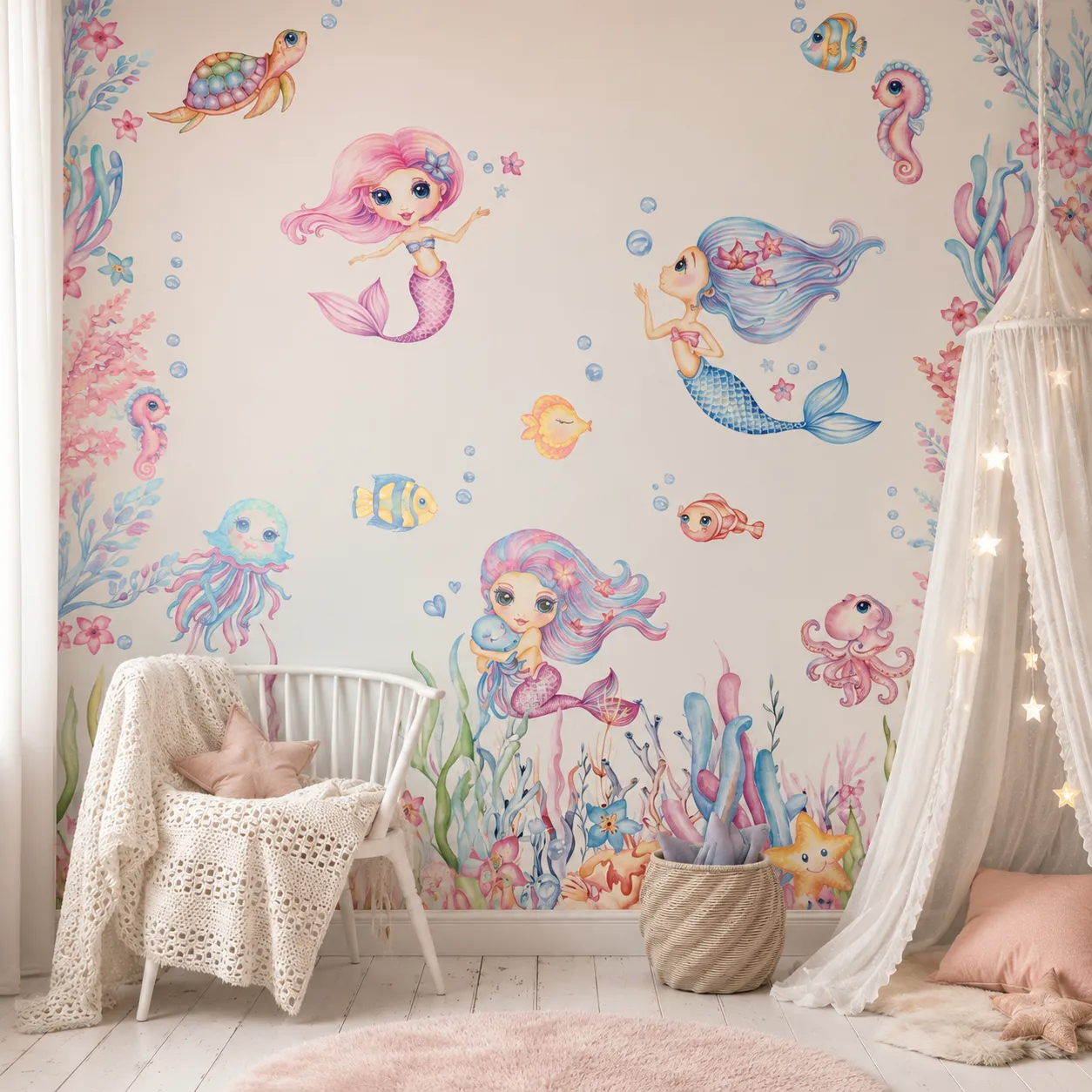 Pastel underwater mural with mermaids, coral, and sea creatures