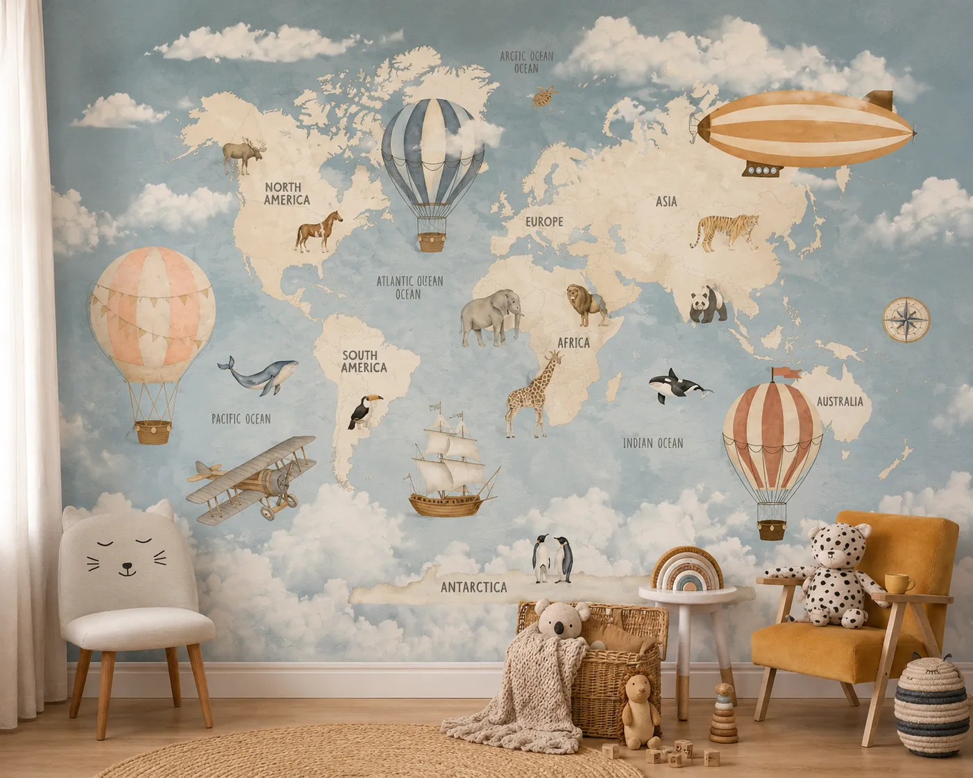 Vintage-style world map mural with hot air balloons and animals in a playroom