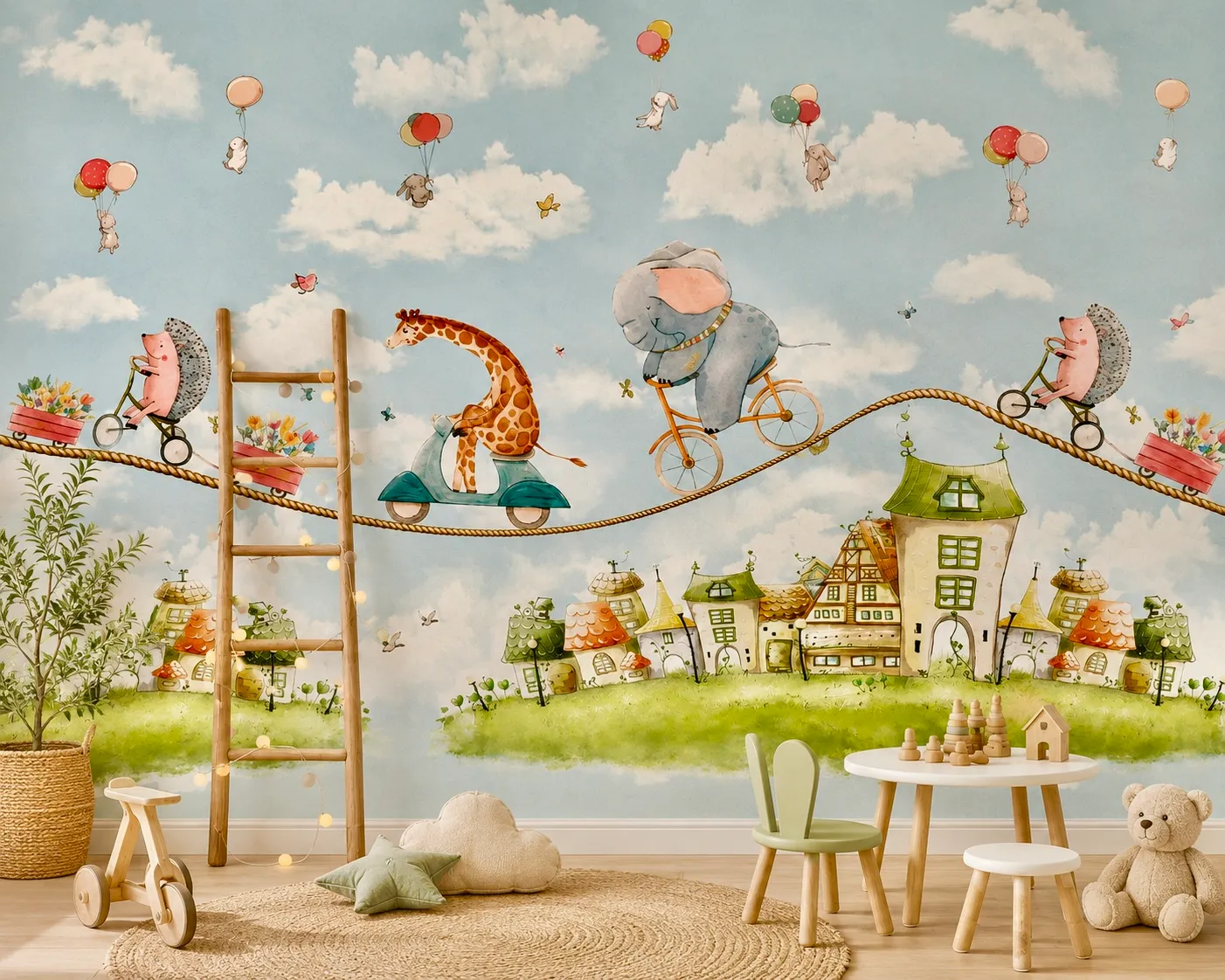 Playful mural of animals cycling along a rope above a watercolour village
