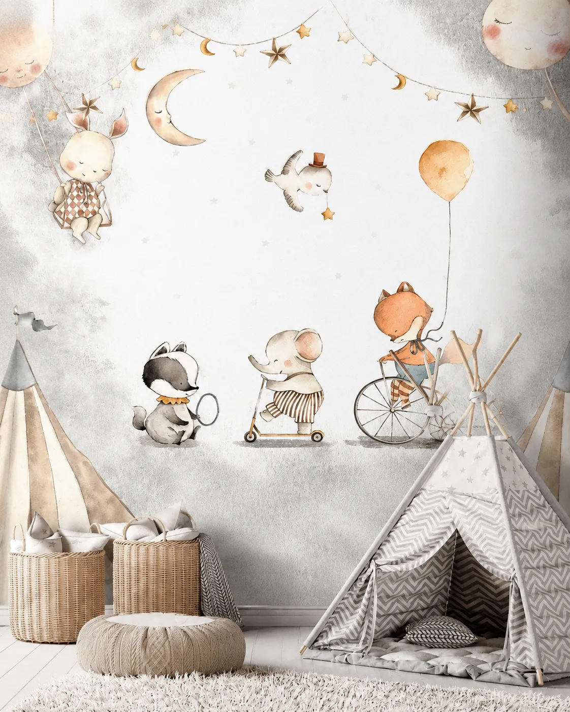 Soft grey circus mural with a fox, elephant, and badger under a crescent moon