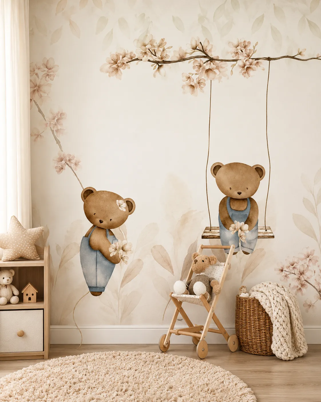Two teddy bears on a cherry blossom swing in a neutral nursery