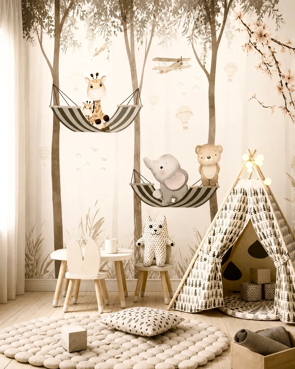 Sepia forest mural with a giraffe, elephant, and bear resting in hammocks